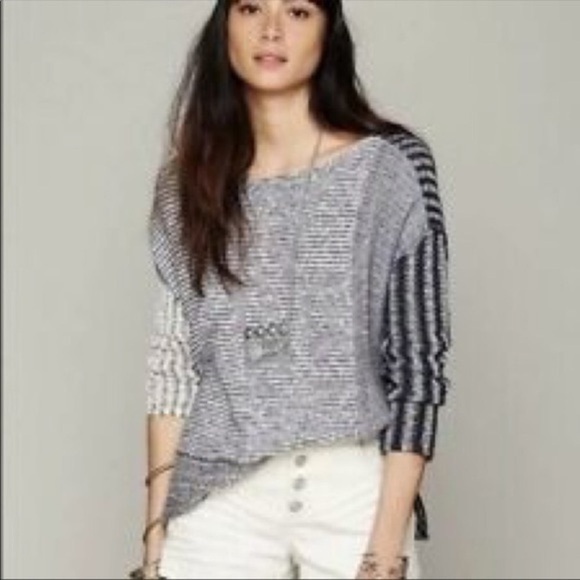 Free People patchwork knit sweater two tone navy stripe slouchy oversized tunic - Picture 2 of 6